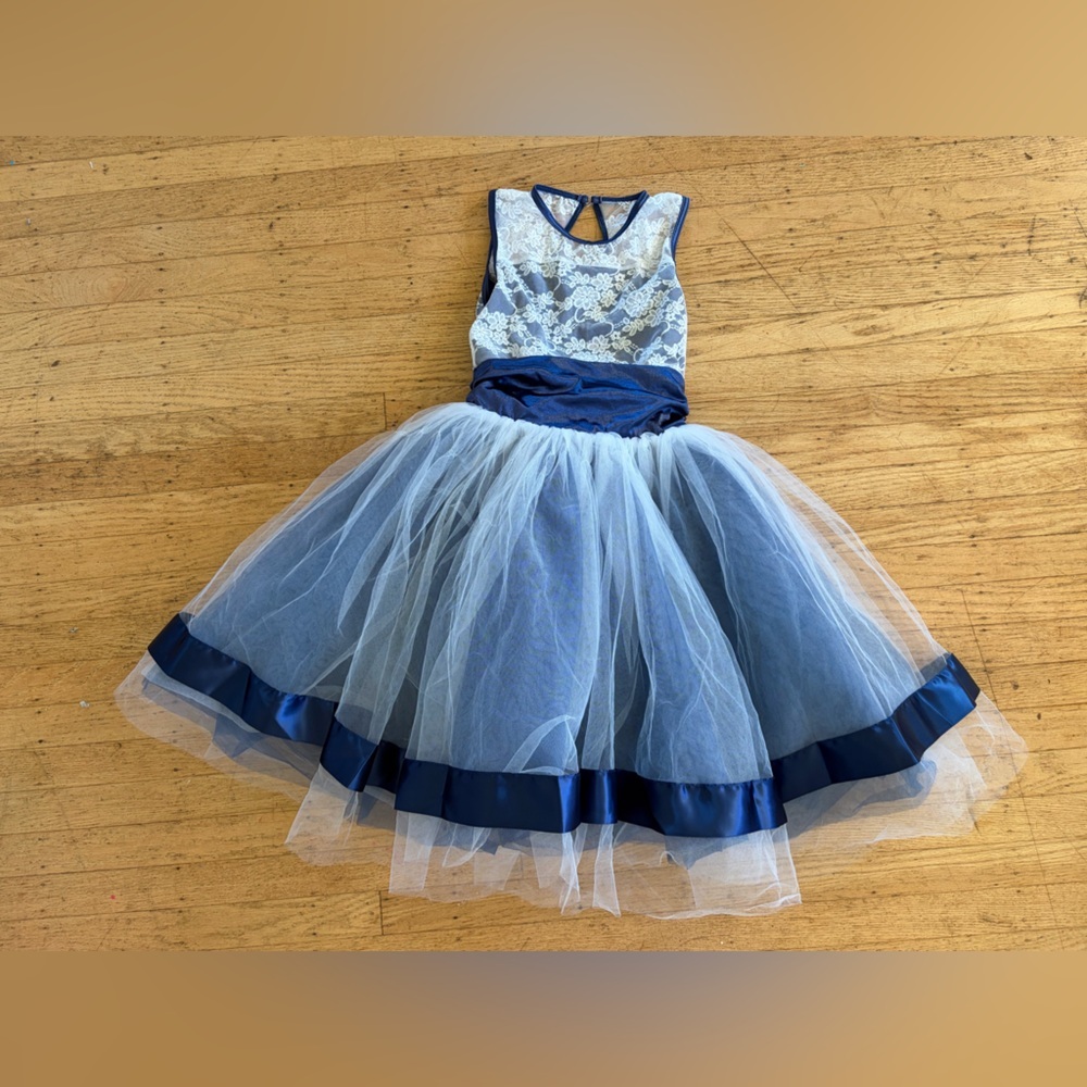 Weissman Train Bleu dance costume tulle satin dress blue and white.